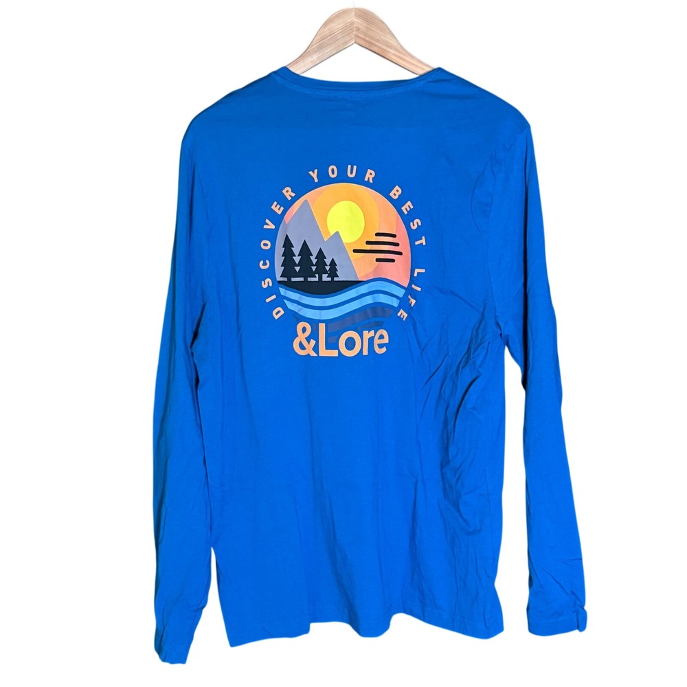And Lore By Tahoe River Long Sleeve‎ Graphic T Shirt Blue Mountains Sunset XL